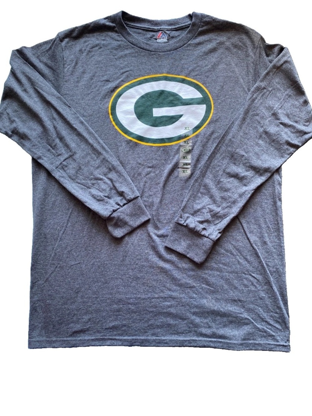 Green Bay Packers NFL XL Majestic Gray Long-Sleeve Tee with Green Gold Logo NWT